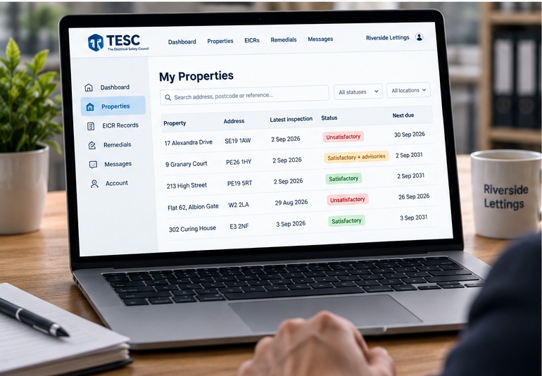 Letting agent reviewing a TESC electrical safety property portfolio